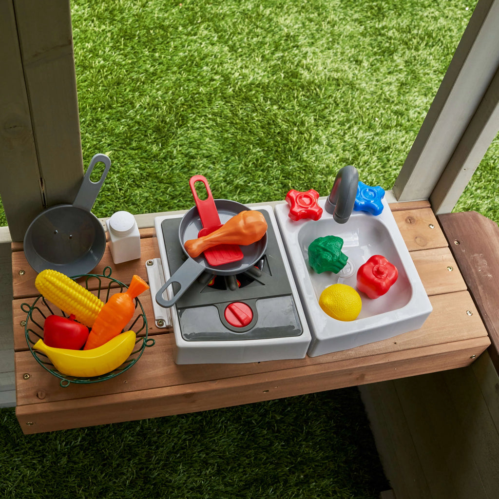 Wooden Outdoor Playhouse with Doorbell and 13 Pieces K343