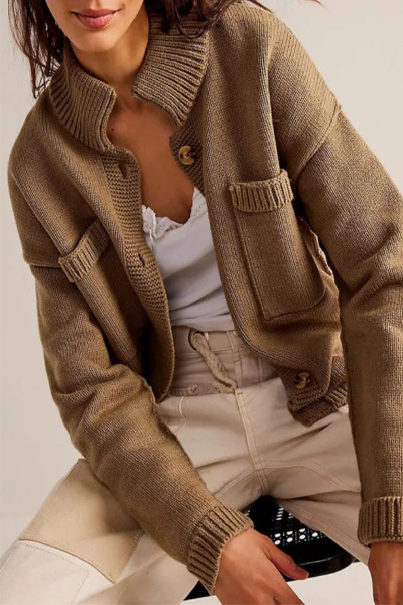 Solid Color Mandarin Collar Outerwear Q916491