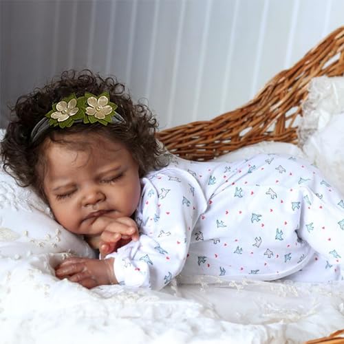 Black 20-Inch Sleeping Newborn Baby Dolls with Weighted Cloth Body and Curly Hair F79115