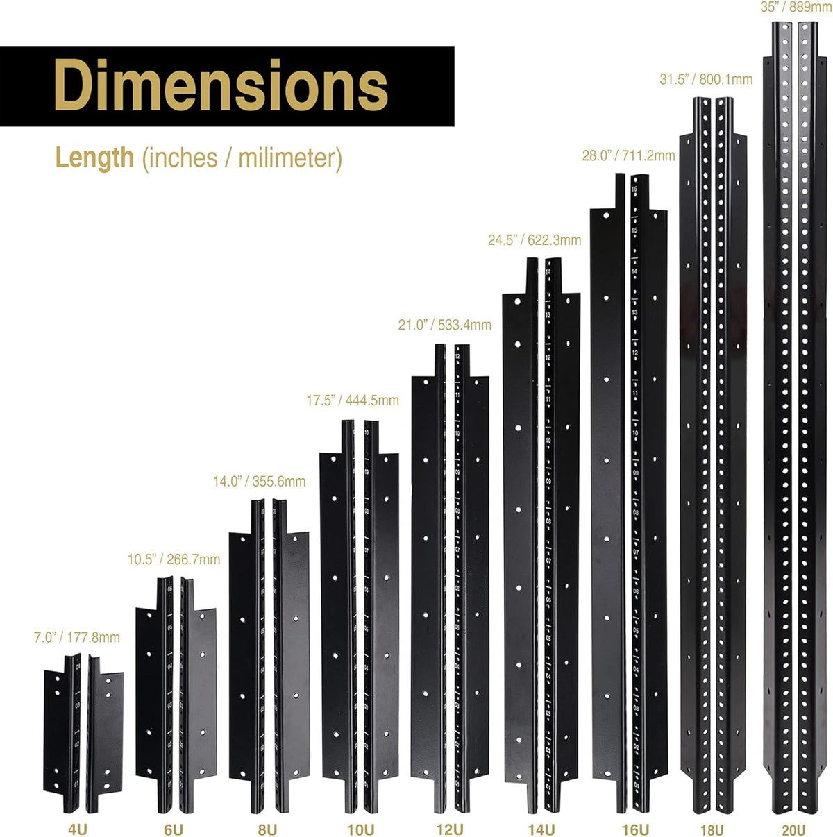 2-pack 20U Steel Rack Rails with Black Powder Coated Finish and Screws U18051