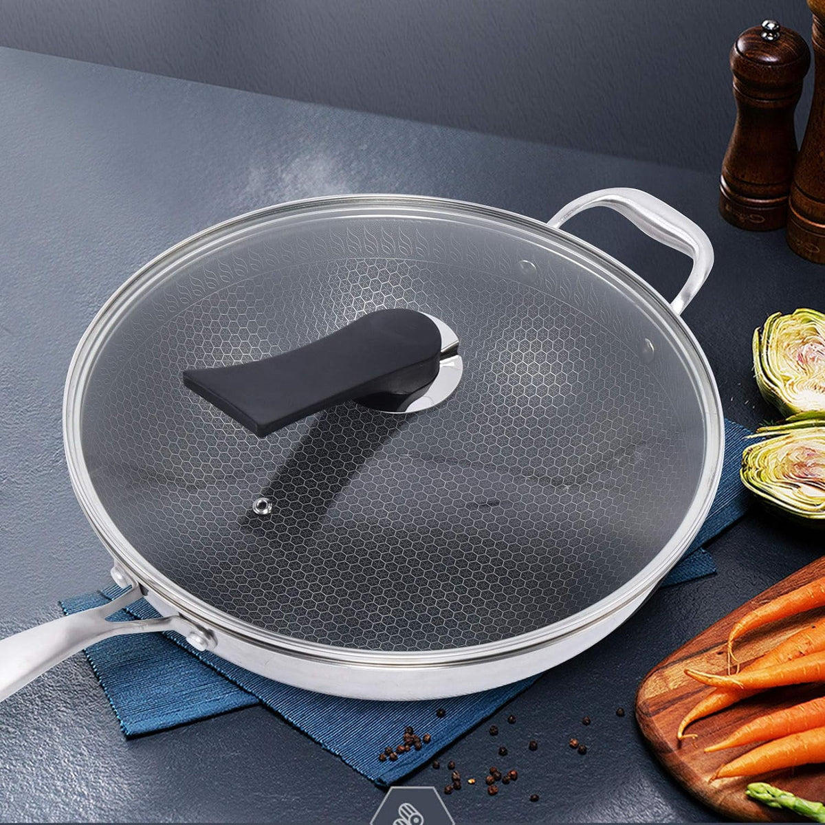 Stainless Steel Non Stick Honeycomb Frying Pan with Glass Lid F5602