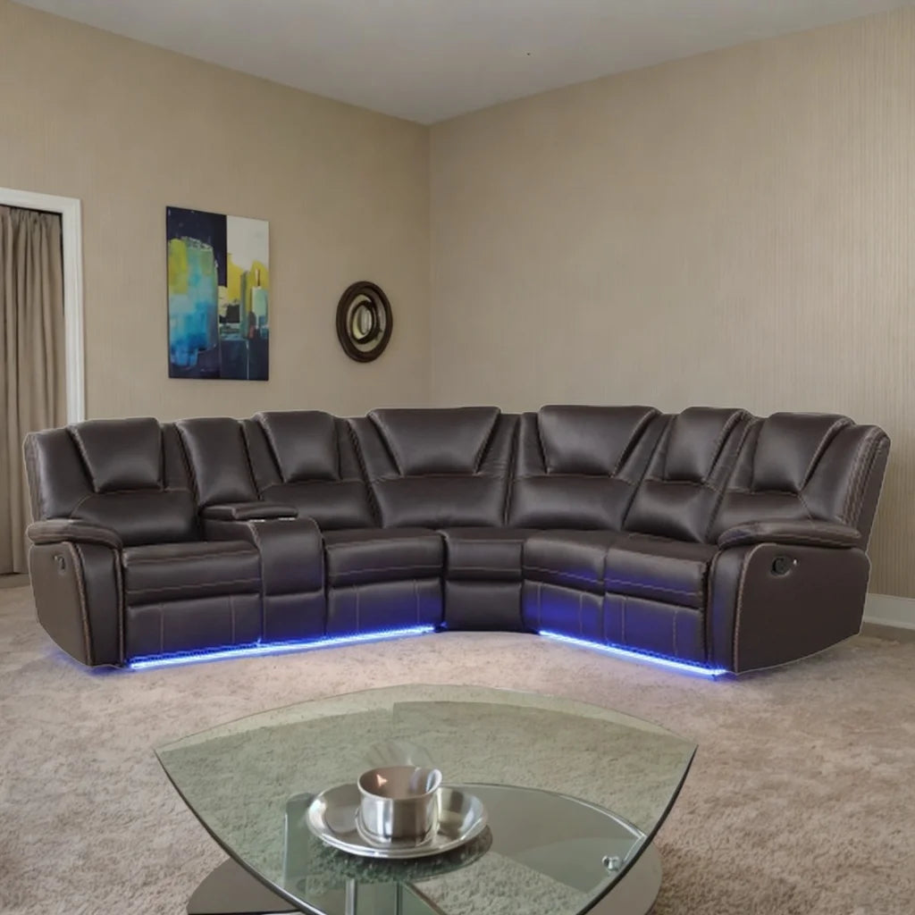 Brown Faux Leather Manual Reclining Sofa with Center Console T61511