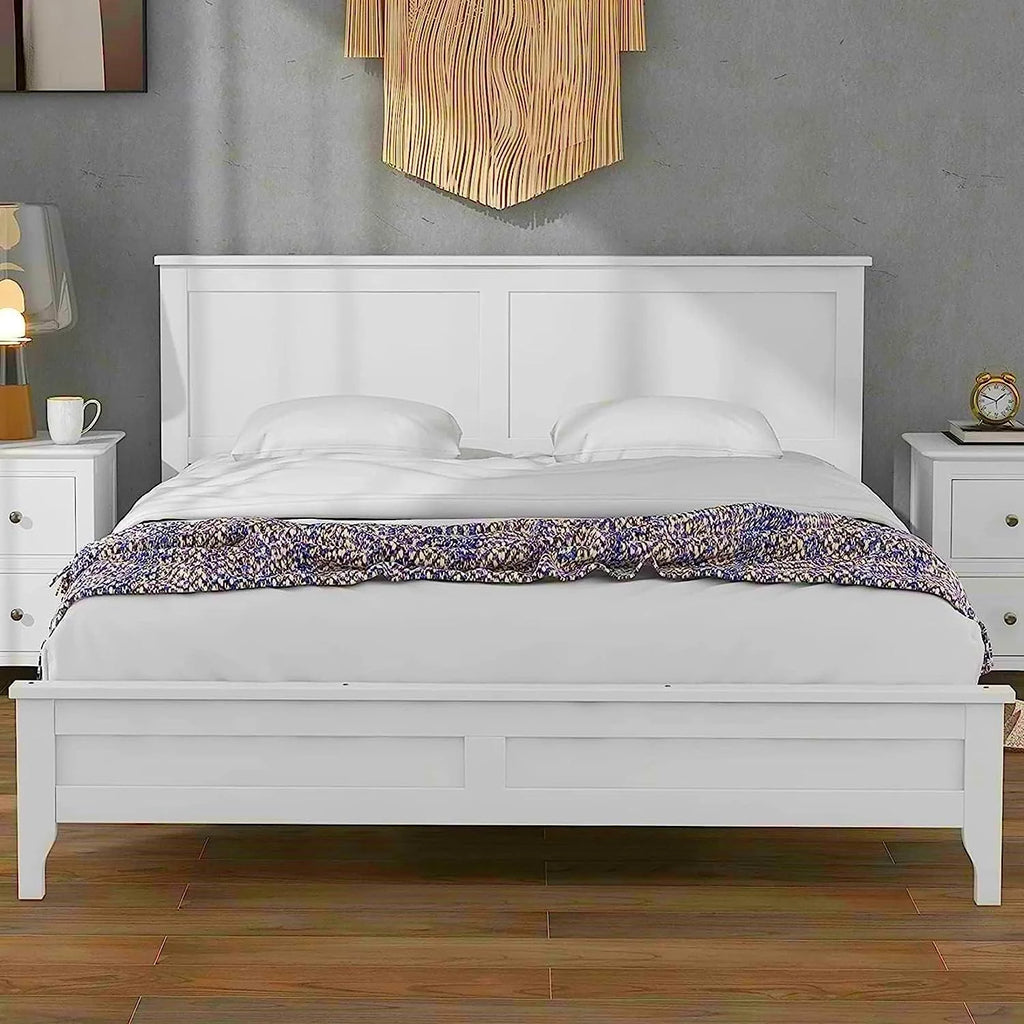 White Queen Size Platform Bed with Headboard J817596
