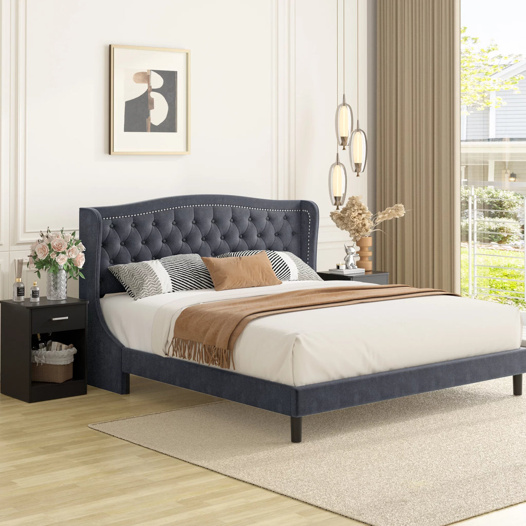 King Bed Frame with Wing-Back Button Tufted Upholstered Headboard S770
