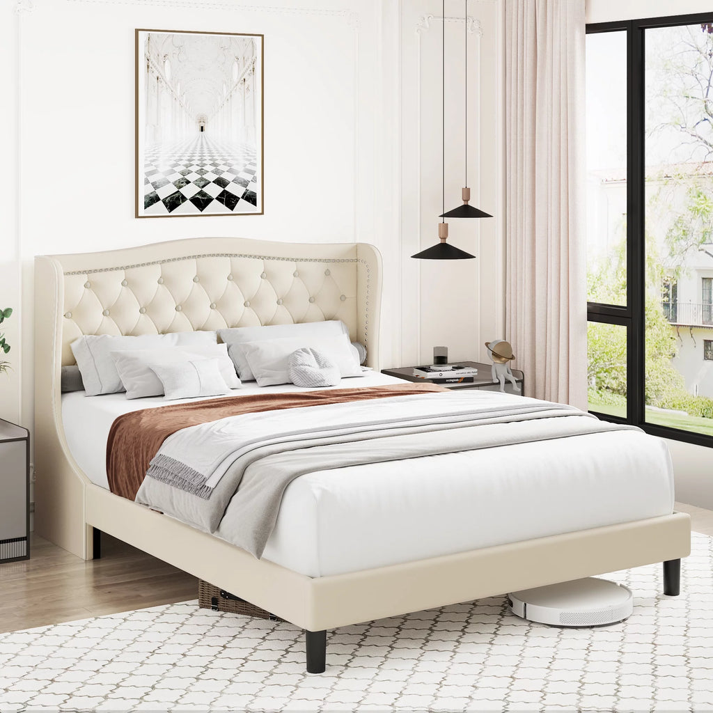 King Bed Frame with Wing-Back Button Tufted Upholstered Headboard S770