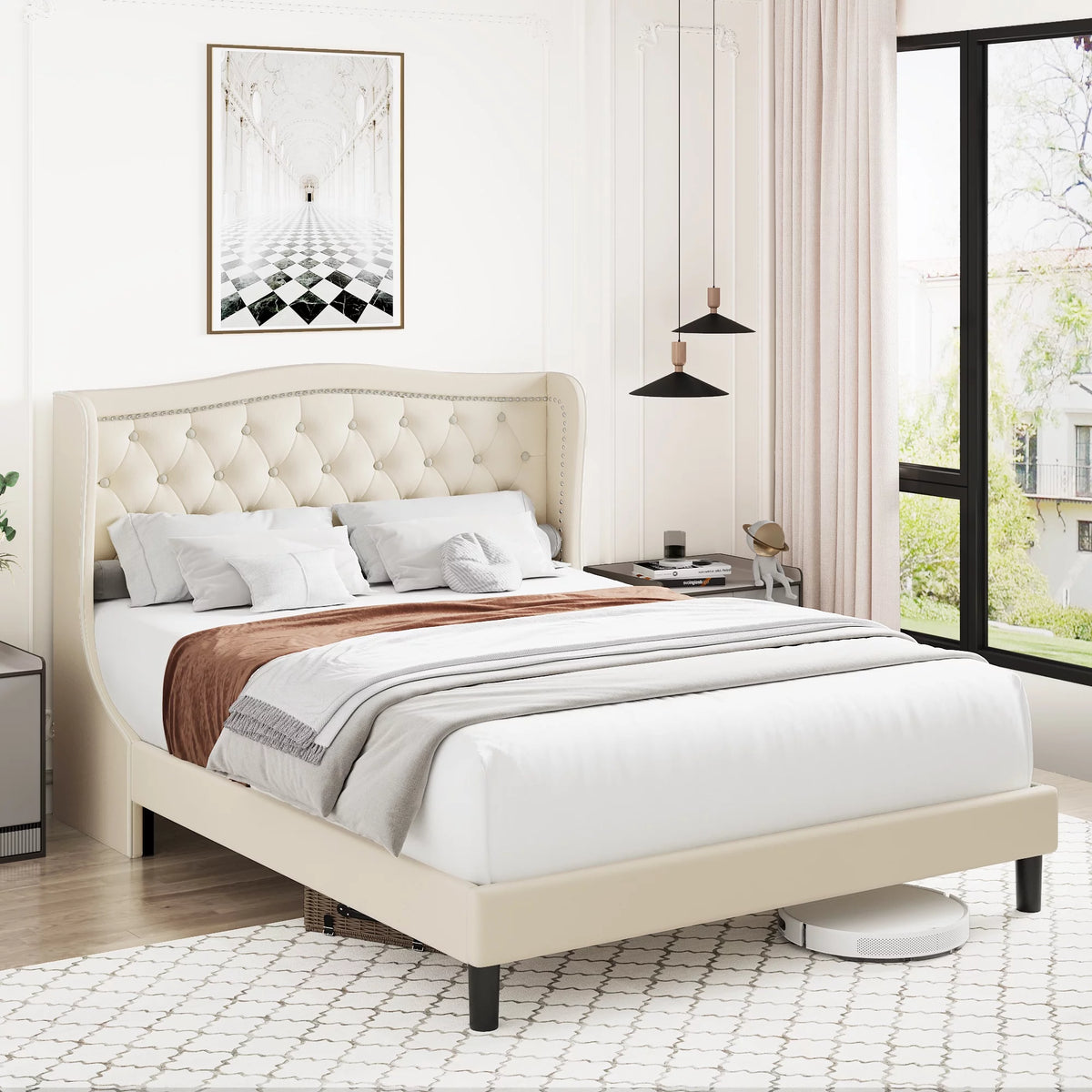 King Bed Frame with Wing-Back Button Tufted Upholstered Headboard S770