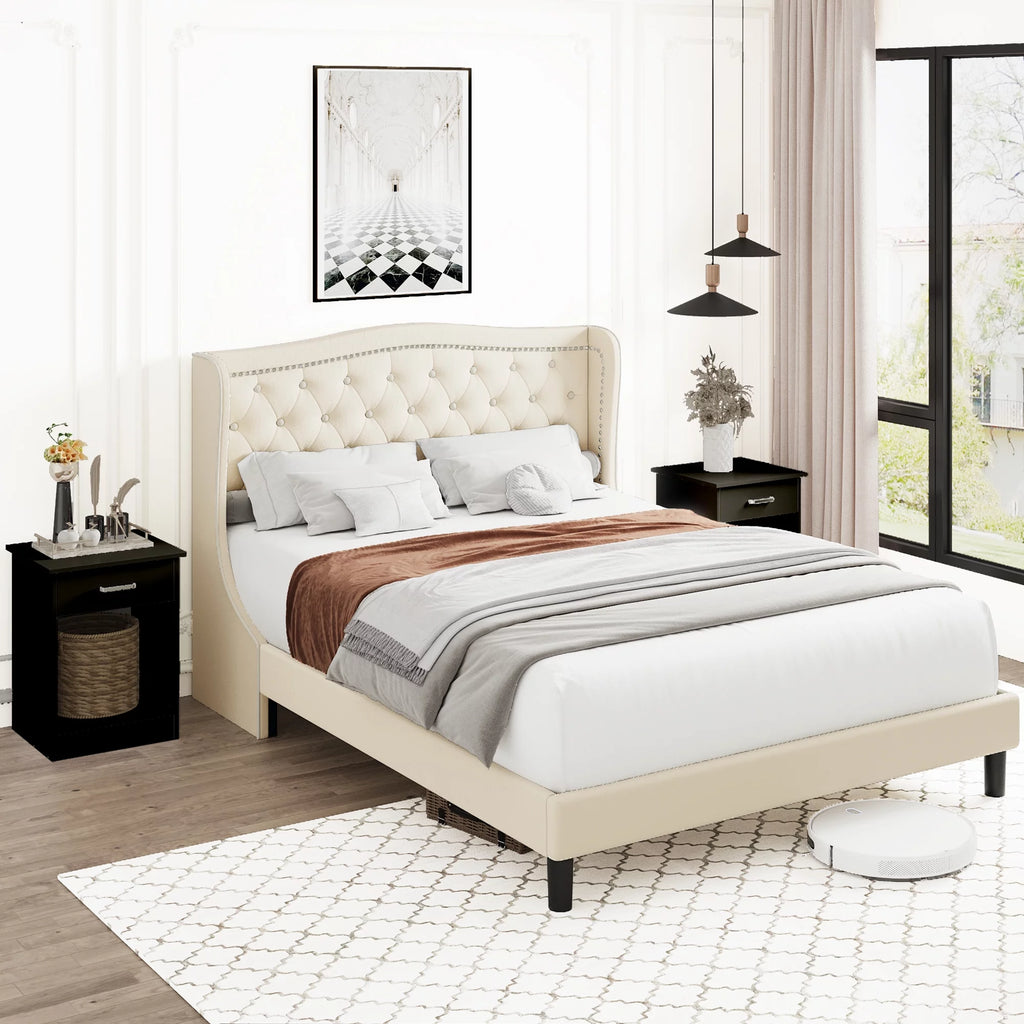 King Bed Frame with Wing-Back Button Tufted Upholstered Headboard S770