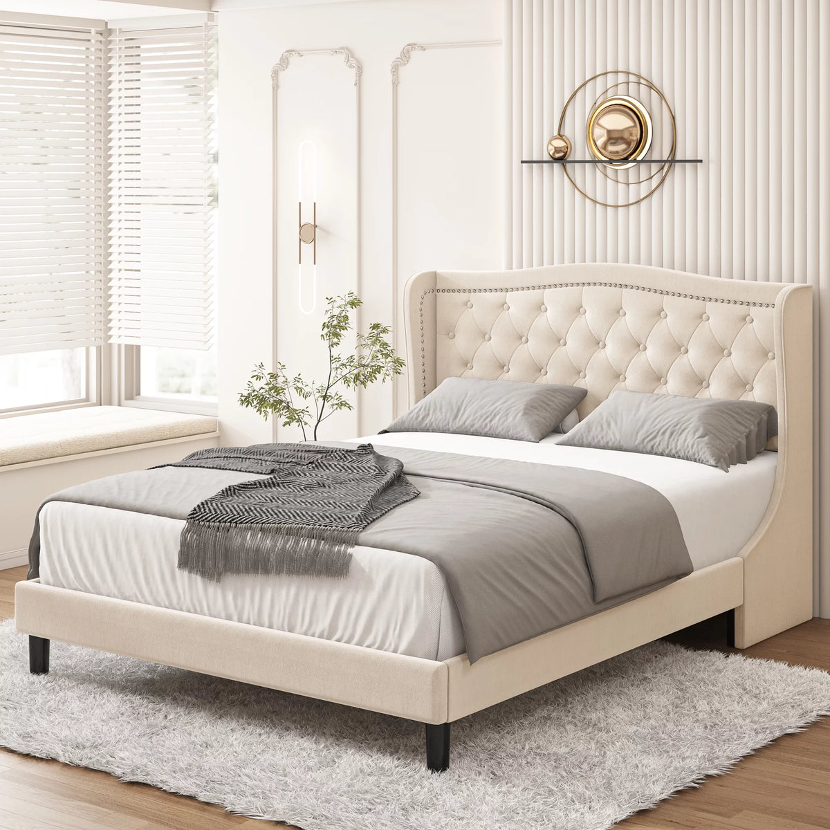 King Bed Frame with Wing-Back Button Tufted Upholstered Headboard S770