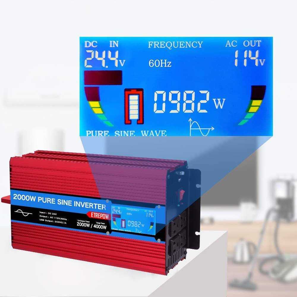 2000 Watt Pure Sine Wave Power Inverter 24V to 110V 120V with LCD Display, Wireless Remote Control, 4 AC Sockets, 2.1A USB Port, Dual Fans W2048