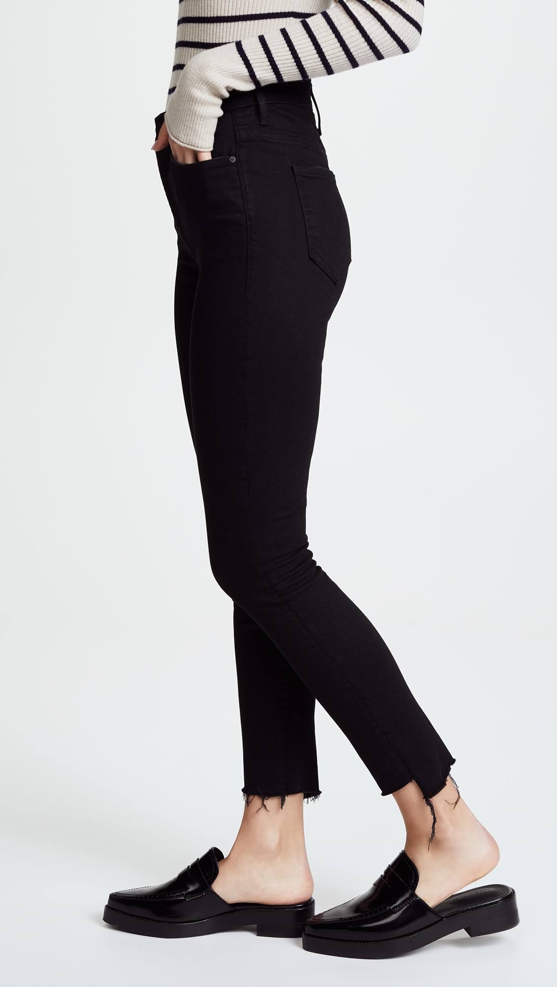 Black Zip Ankle Step Fray Jeans X8564