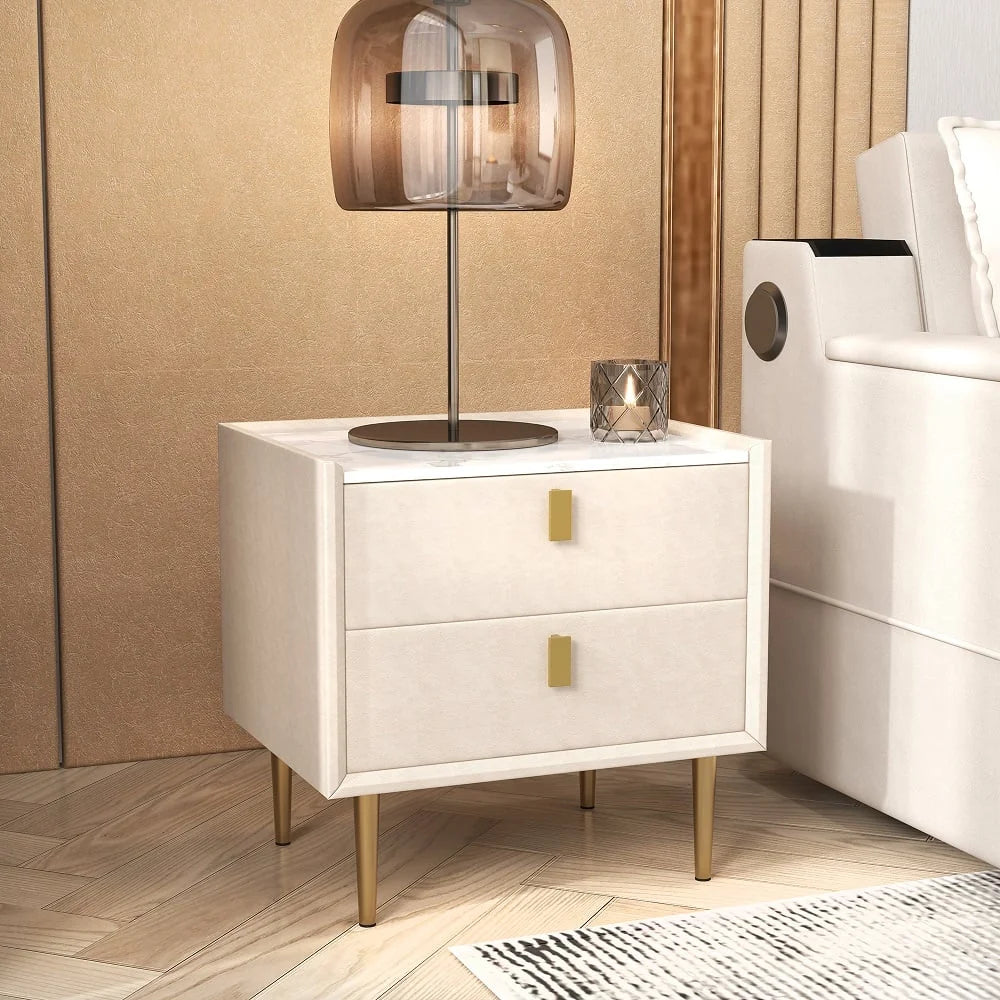 Modern 2 Drawers PU Leather Nightstand with Gold Metal Legs S1921