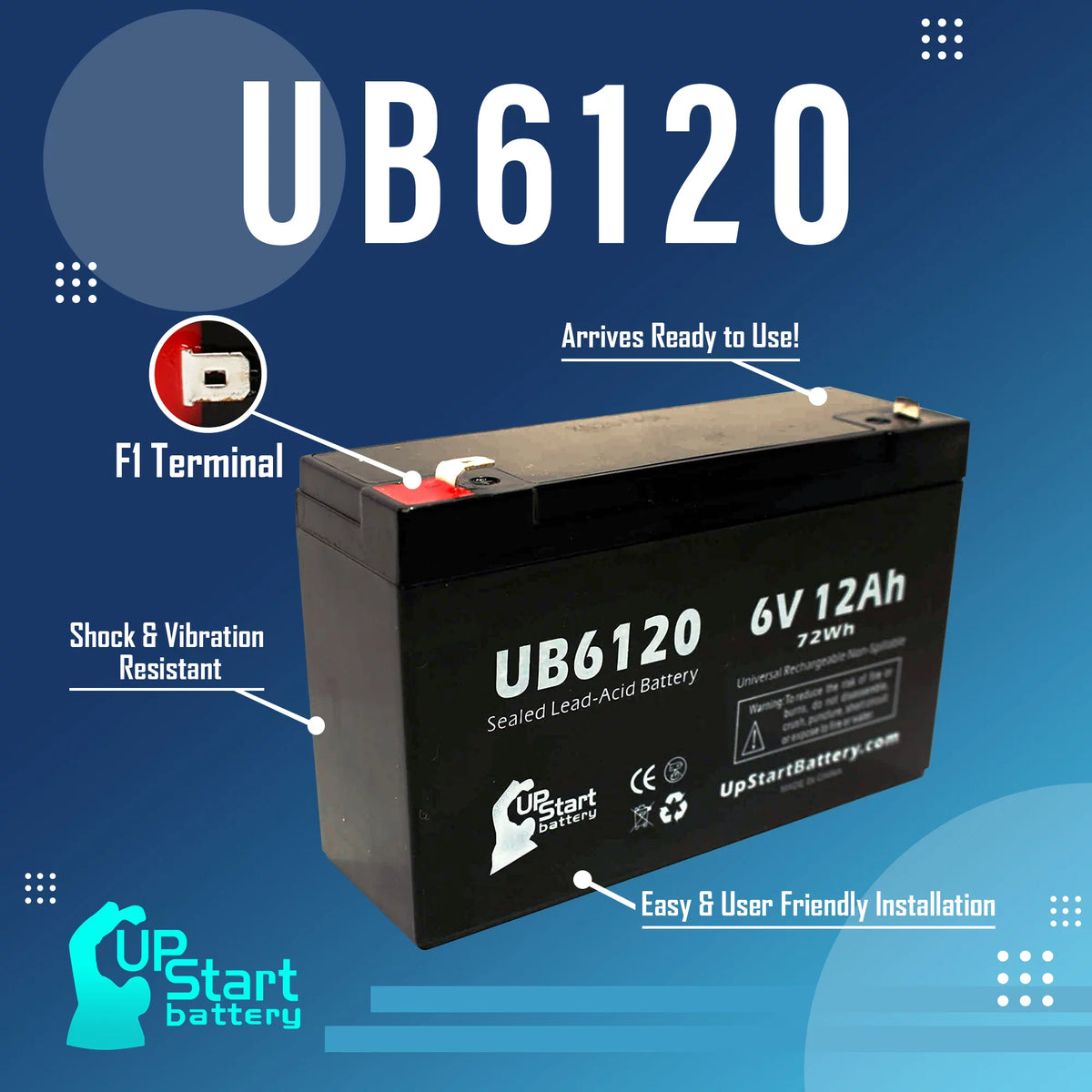6V 12Ah Sealed Lead Acid Battery with F1 to F2 Terminal Adapters V328