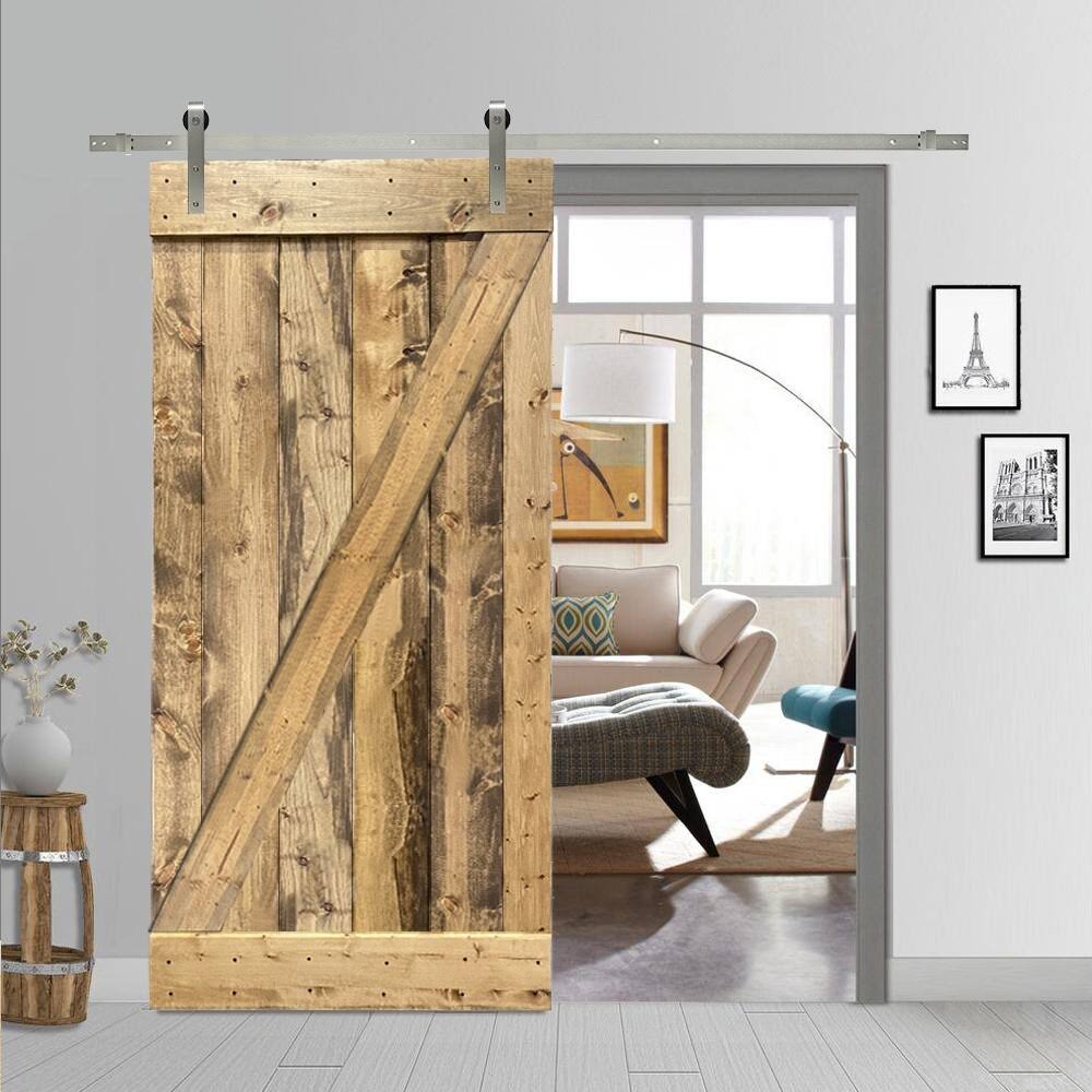 Weather Oak Stained Wood Interior Sliding Barn Door with Hardware Kit J38939