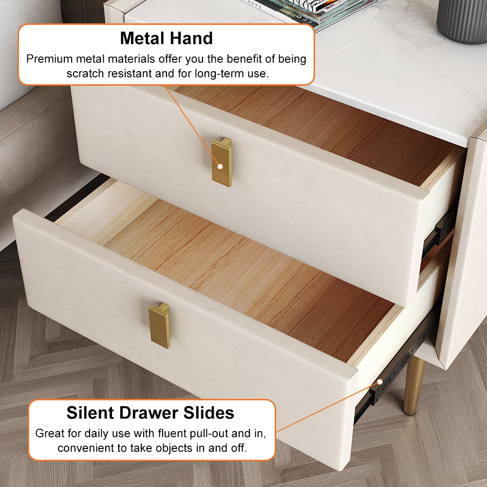 Modern 2 Drawers PU Leather Nightstand with Gold Metal Legs S1921