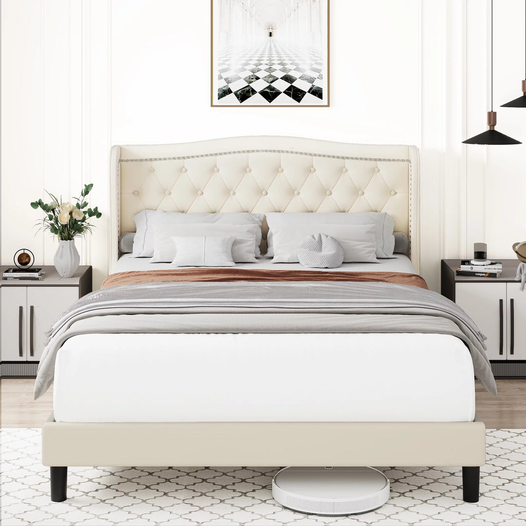 King Bed Frame with Wing-Back Button Tufted Upholstered Headboard S770