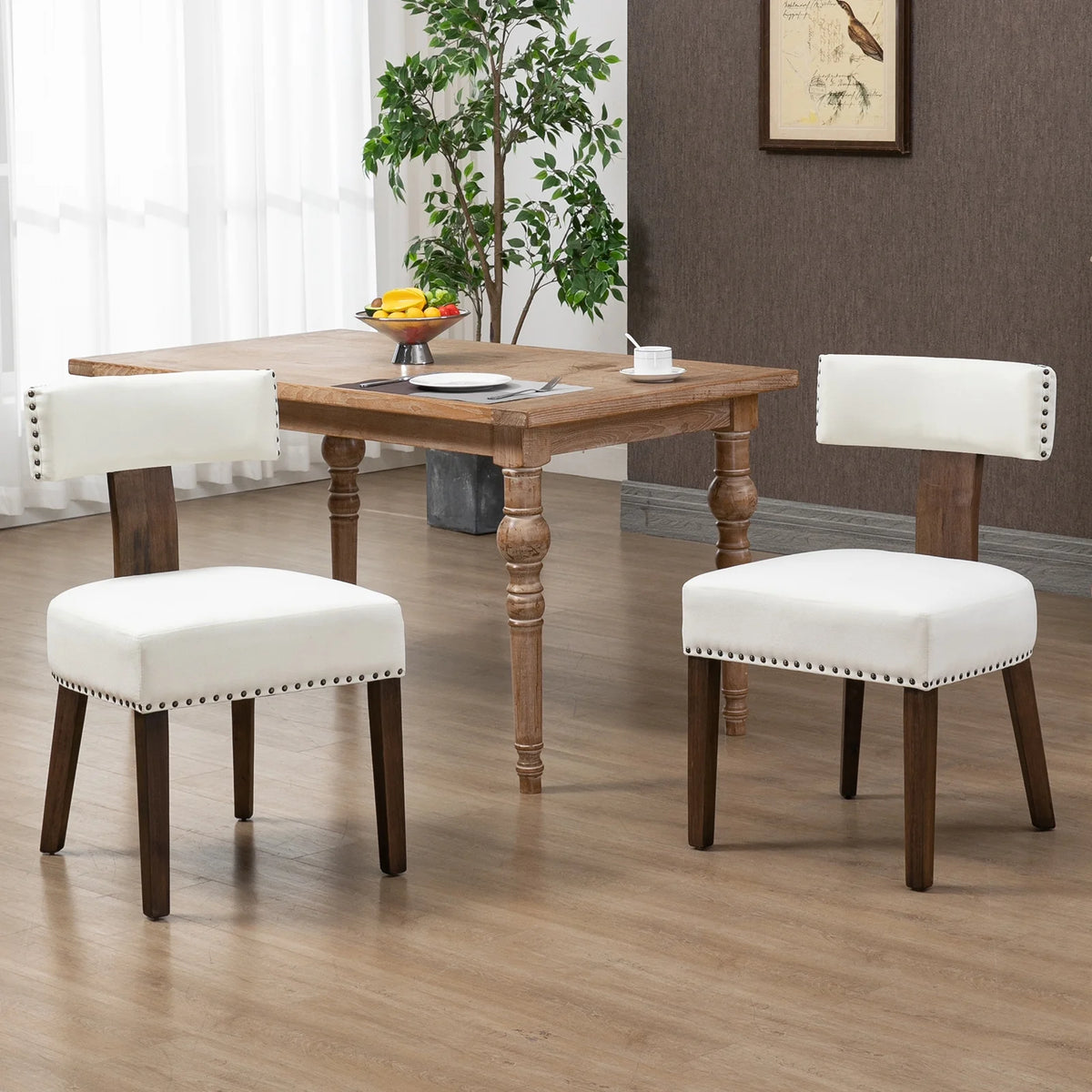 Beige Upholstered Linen Dining Chairs Set of 6 with Wooden Legs G70912