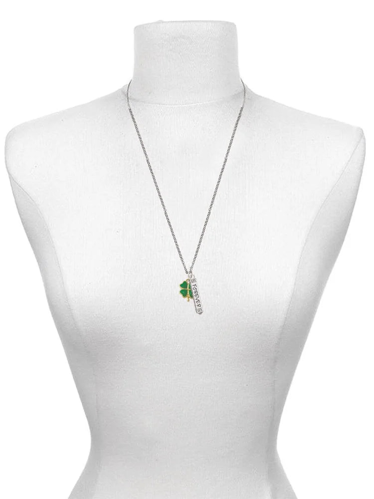 Goldtone Opaque Green Four Leaf Clover Silvertone Bar Charm Necklace, 23" R15383