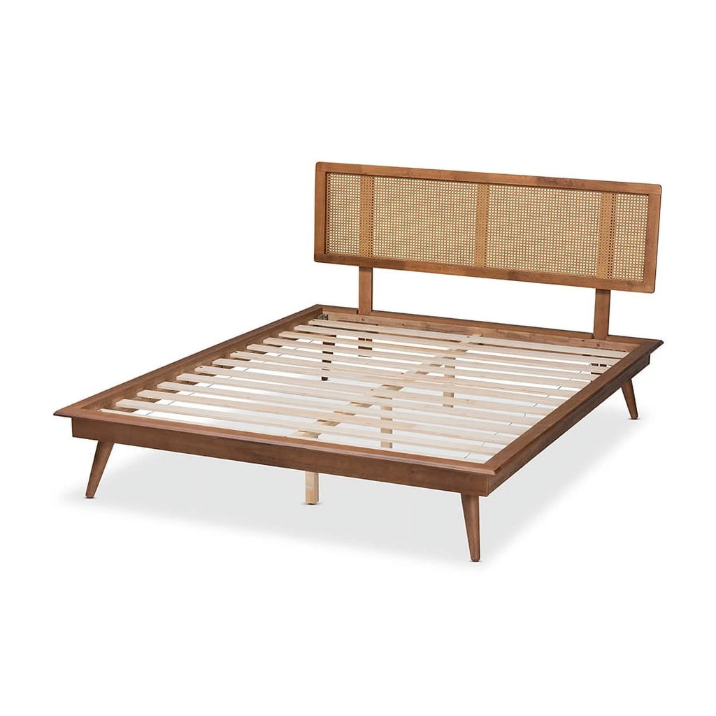 Walnut Brown Wood and Synthetic Rattan Full Size Platform Bed V989