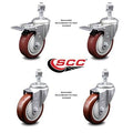 4 inch Maroon Polyurethane Swivel Stem Caster Set with Lock Brake Y516