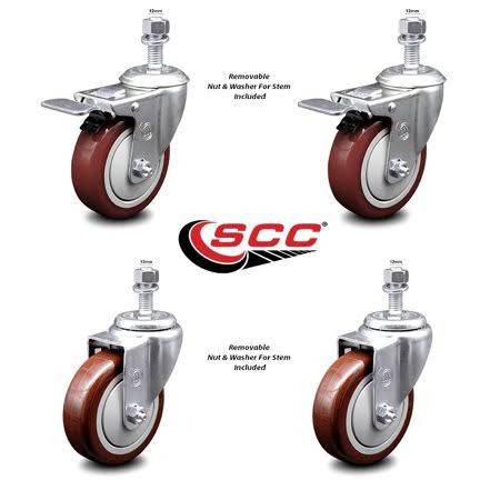 4 inch Maroon Polyurethane Swivel Stem Caster Set with Lock Brake Y516