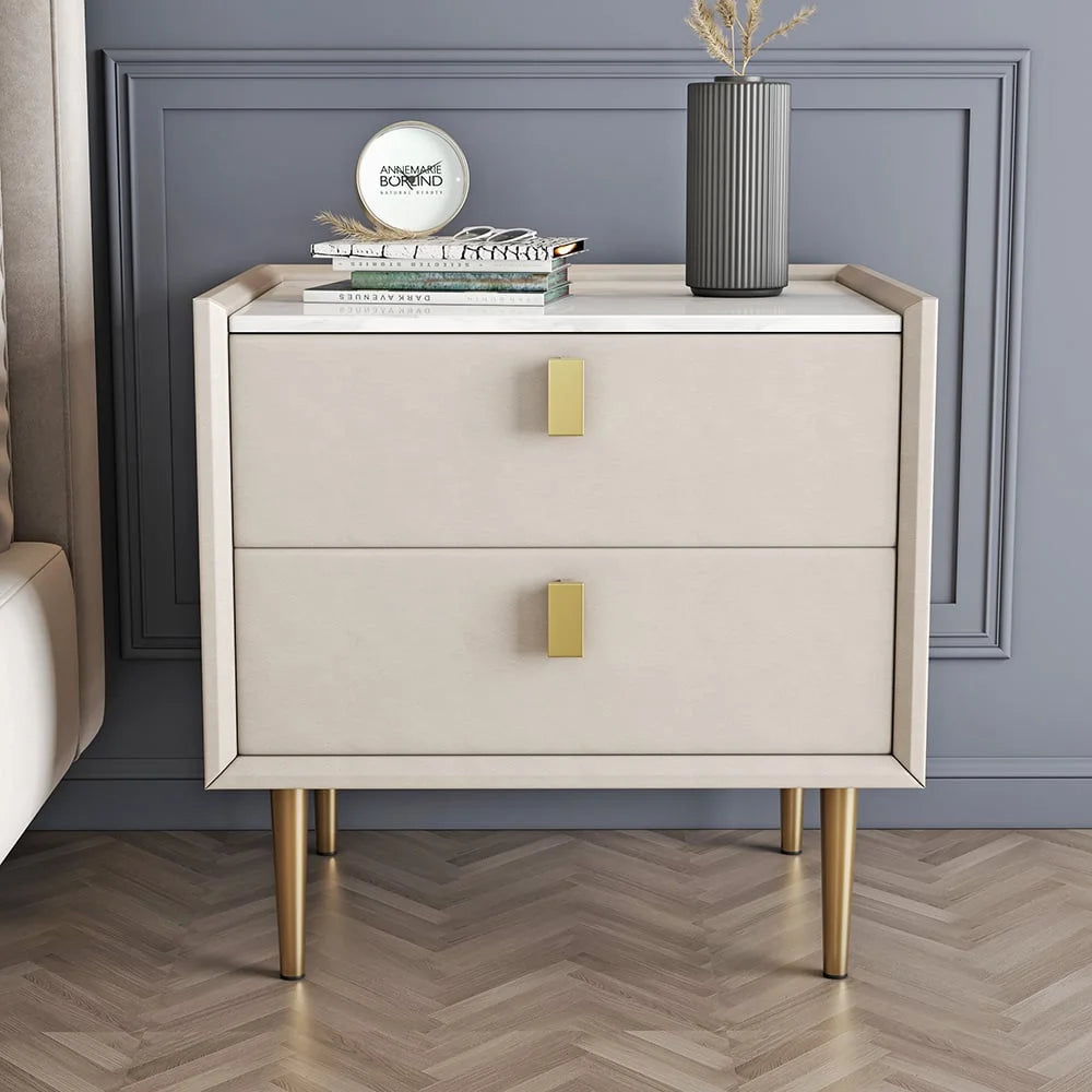 Modern 2 Drawers PU Leather Nightstand with Gold Metal Legs S1921