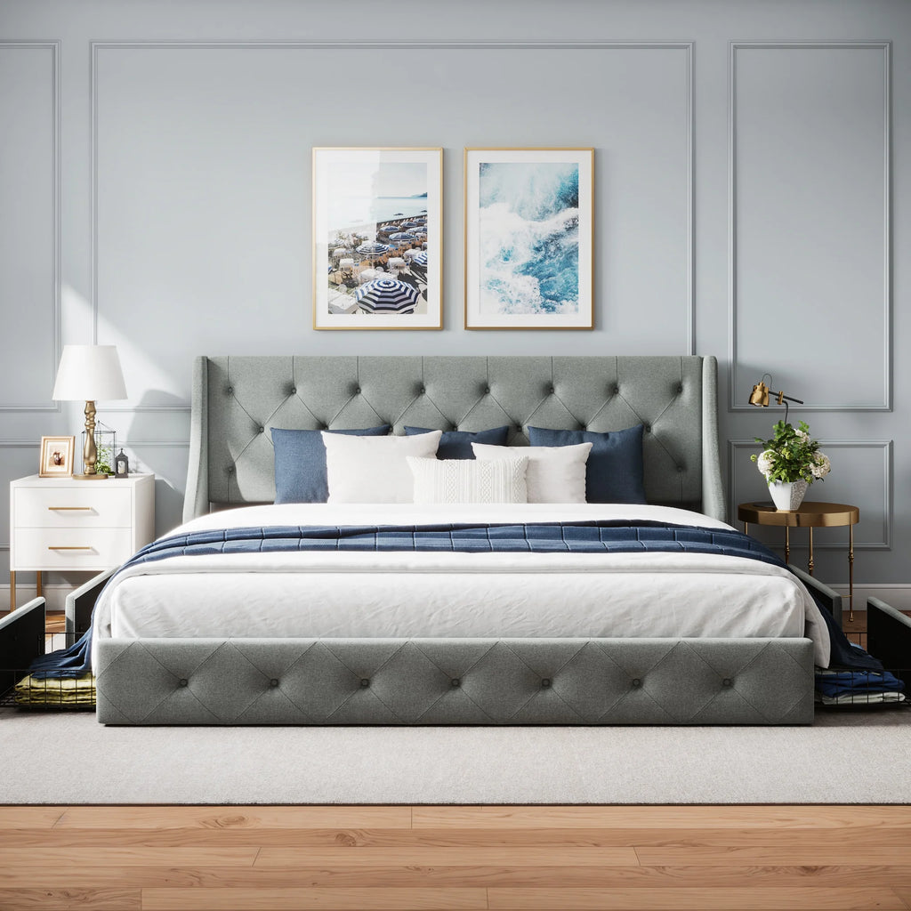 Grey Queen Size Platform Bed Frame with 4 Storage Drawers C419
