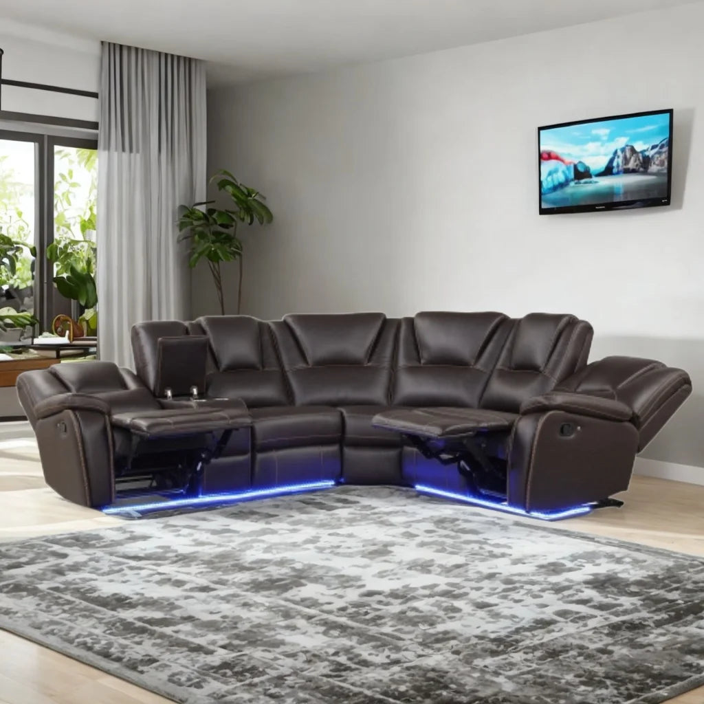 Brown Faux Leather Manual Reclining Sofa with Center Console T61511