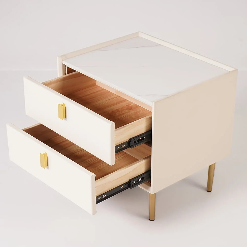 Modern 2 Drawers PU Leather Nightstand with Gold Metal Legs S1921