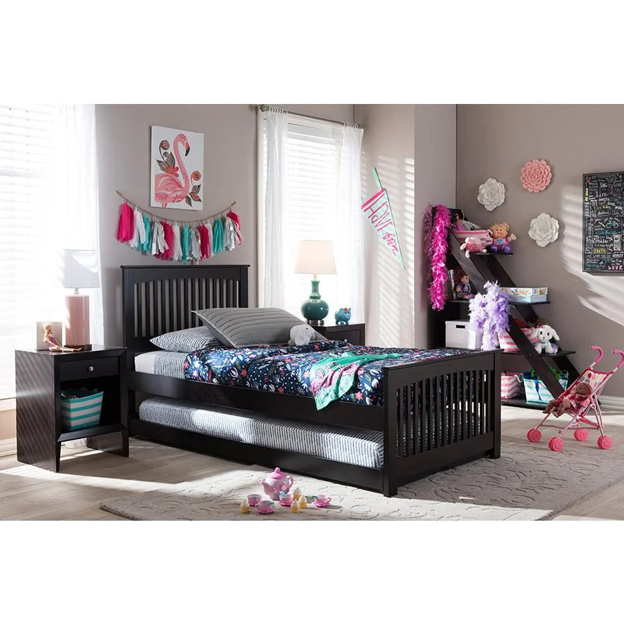 Twin Dark Brown Solid Wood Platform Bed with Trundle O376156