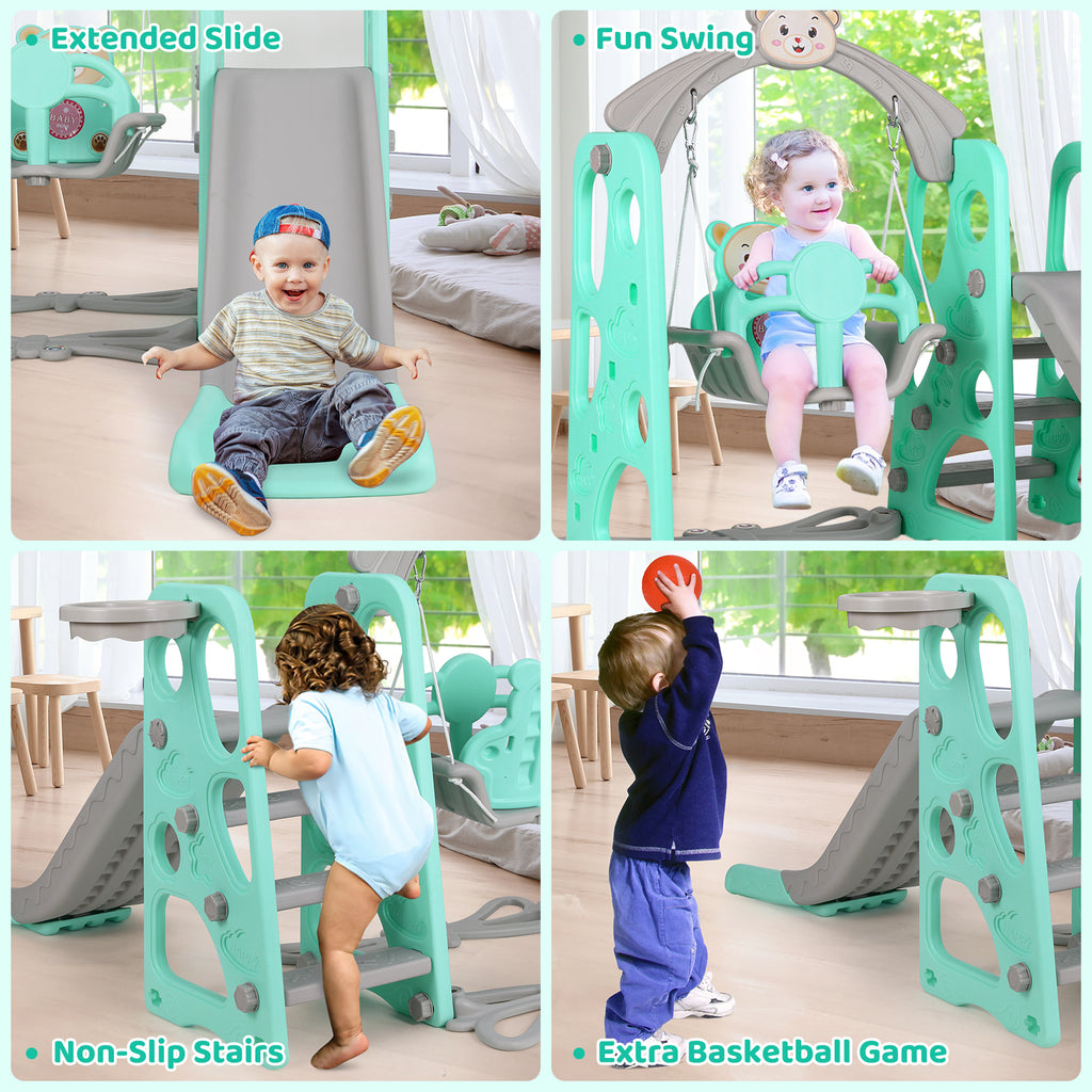 4 in 1 Kids Slide and Swing Set Toddler Play Climber with Basketball Hoop Indoor Outdoor Playground N163642