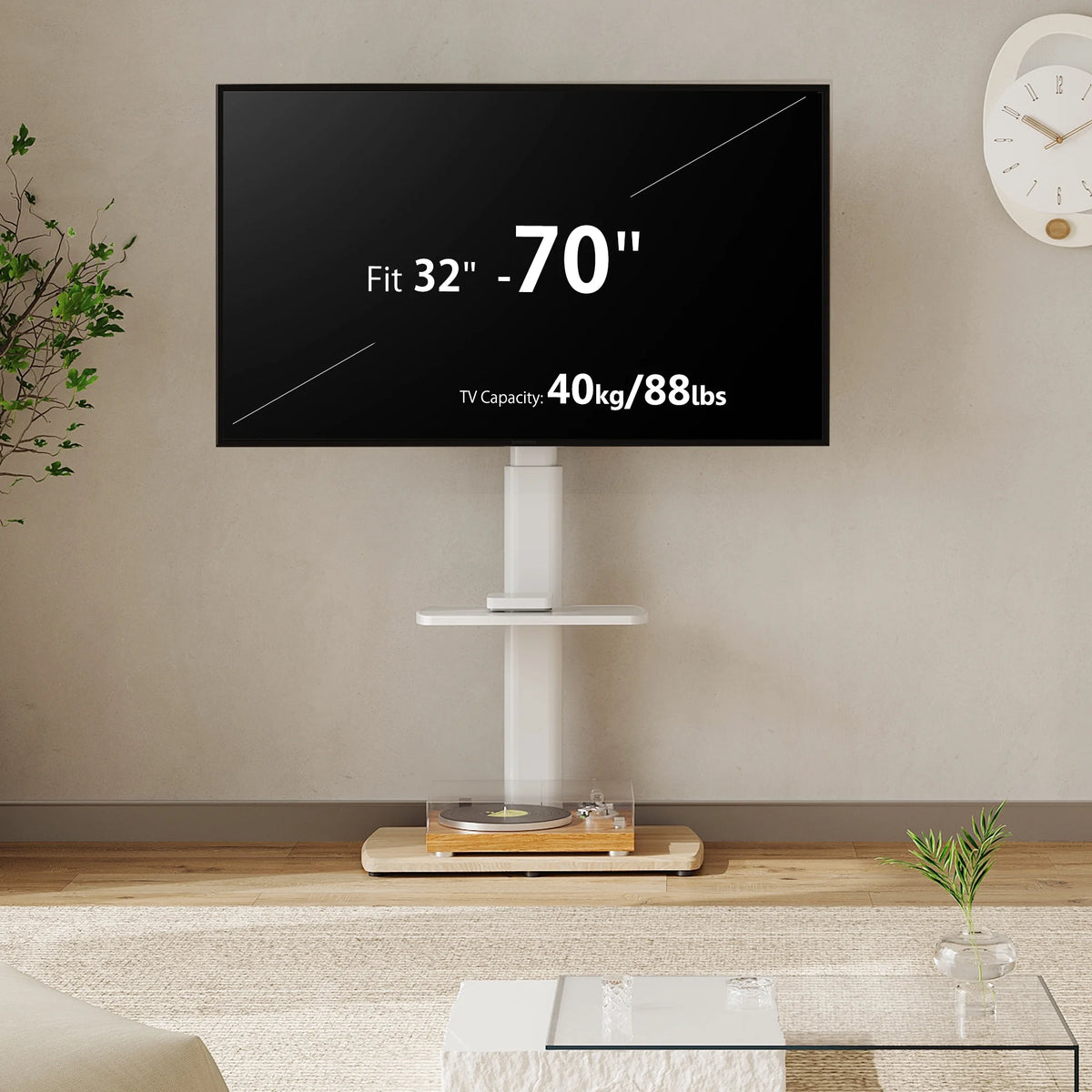 Floor TV Stand for 32-70 Inch Flat or Curved TVs, Height Adjustable, White D560582
