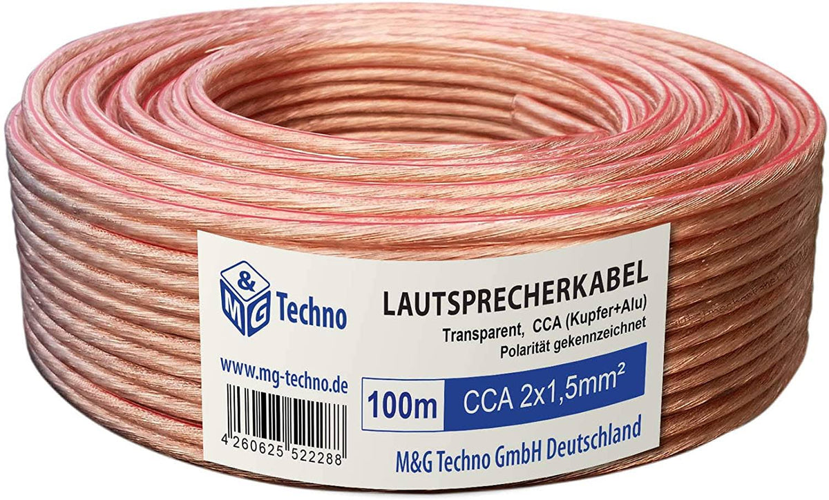 100 M Single Wire Speaker Cable 2 x 1.5 mm² CCA Copper and Aluminium Round Transparent F1555