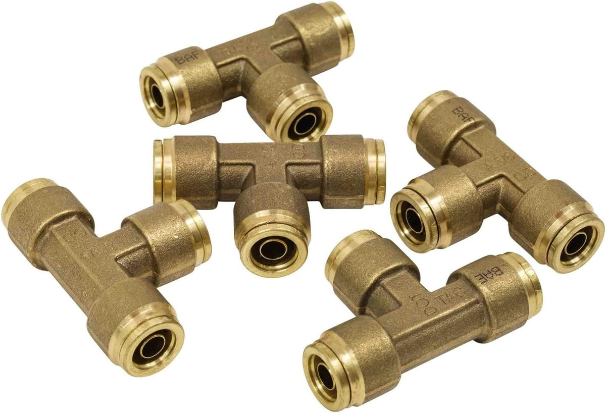 Brass Push to Connect Union Tee Air Brake Tube Fitting, 1/2" Tube OD, 5 Pack Z888