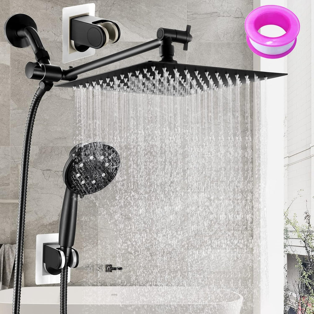 Square Shower Head with Handheld Combo, 11" Adjustable Extension Arm, 8" Rain Shower Head, 60" Hose, Wall Mount, Pack of 2 C14862