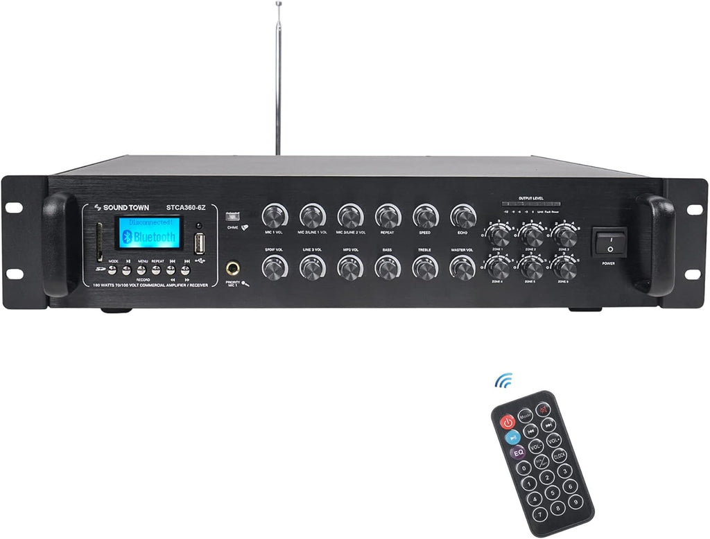 360W 6-Zone 70V/100V Commercial Power Amplifier with Bluetooth, Optical, Phantom Power R558042