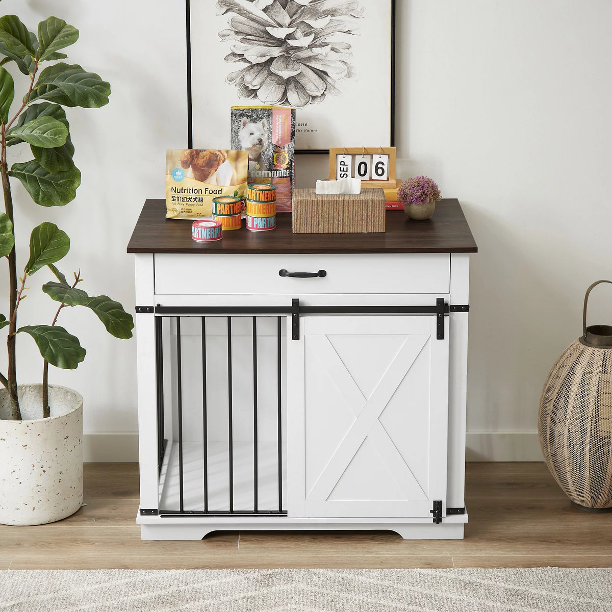 White Wooden Dog Crate with Sliding Barn Door D150785
