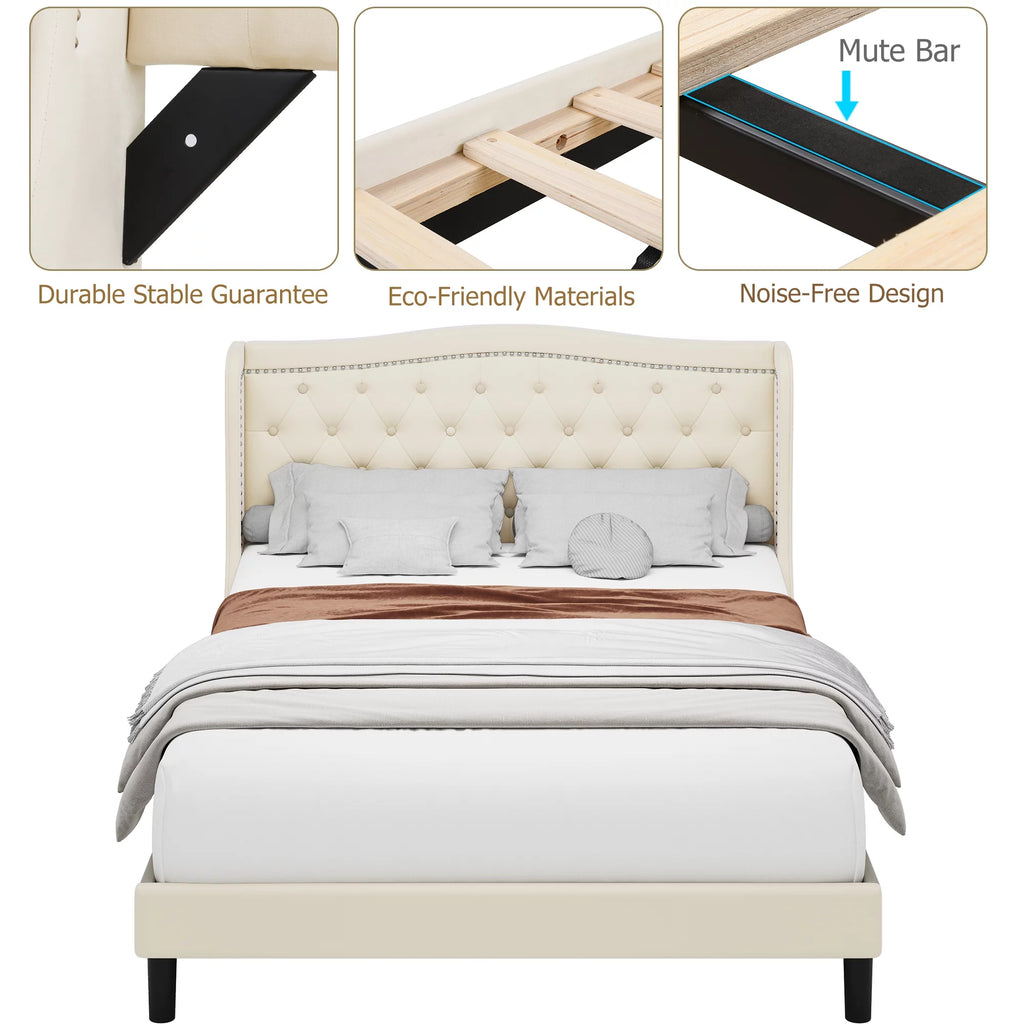 King Bed Frame with Wing-Back Button Tufted Upholstered Headboard S770