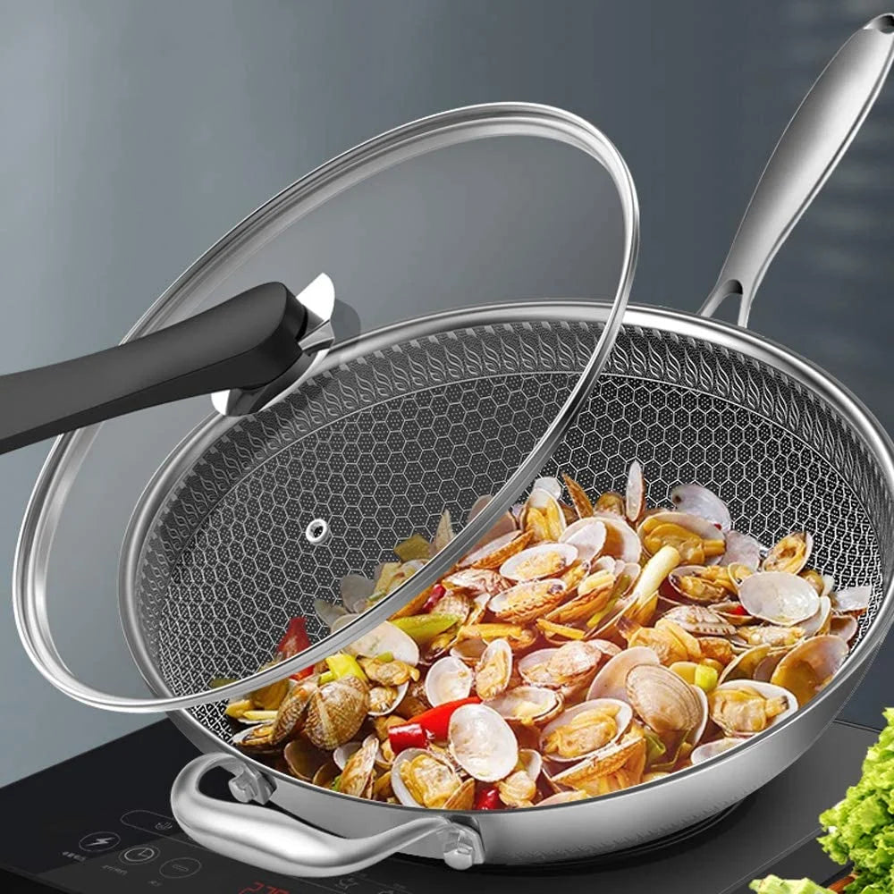 Stainless Steel Non Stick Honeycomb Frying Pan with Glass Lid F5602