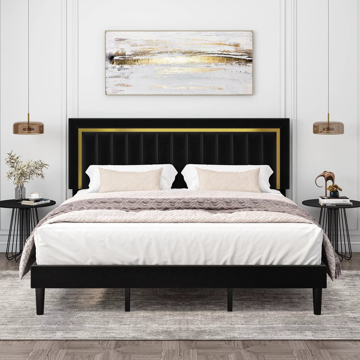 Queen Velvet Tufted Upholstered Platform Bed Frame V7784
