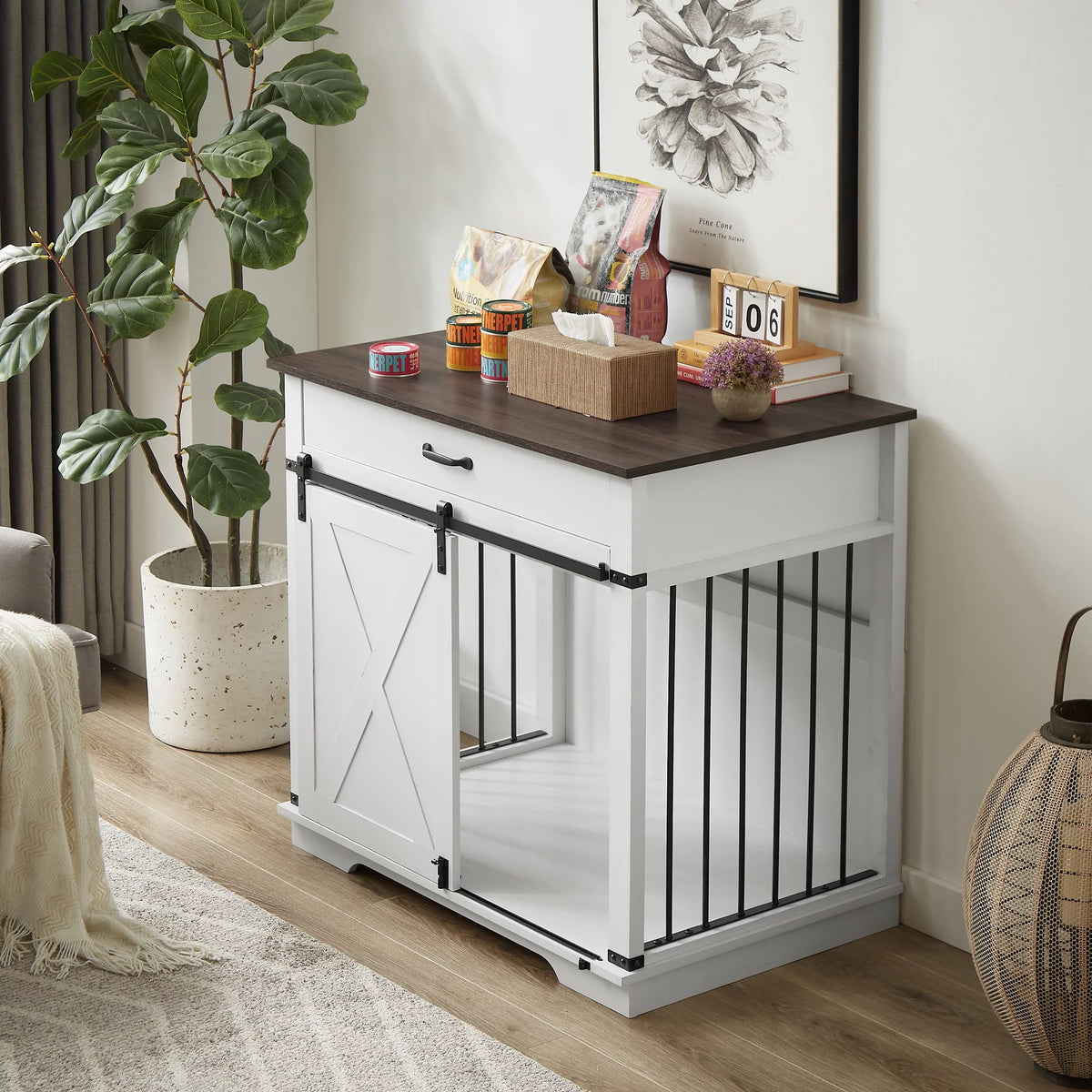 White Wooden Dog Crate with Sliding Barn Door D150785