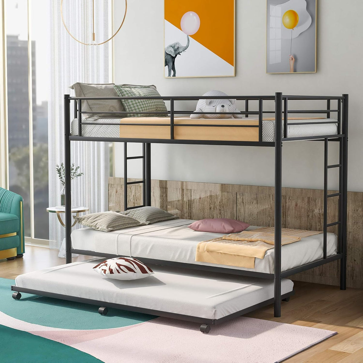 Twin Over Twin Metal Bunk Bed with Trundle and 2 Ladders (White) R77112